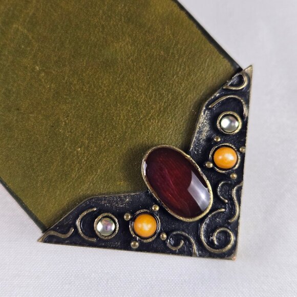 Chico's Size Large Olive Green Wide Leather Belt Crystal & Stone Covered Buckle - Picture 5 of 11